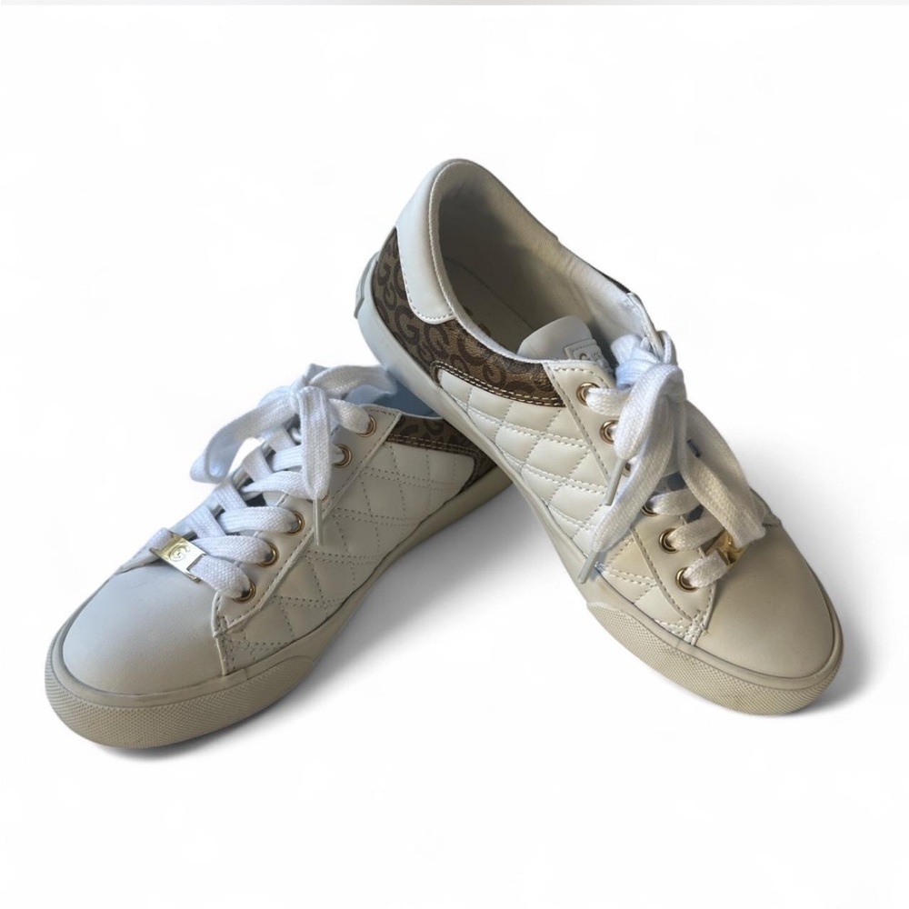 GBG Los Angeles white and brown quilted leather sneakers with gold accents